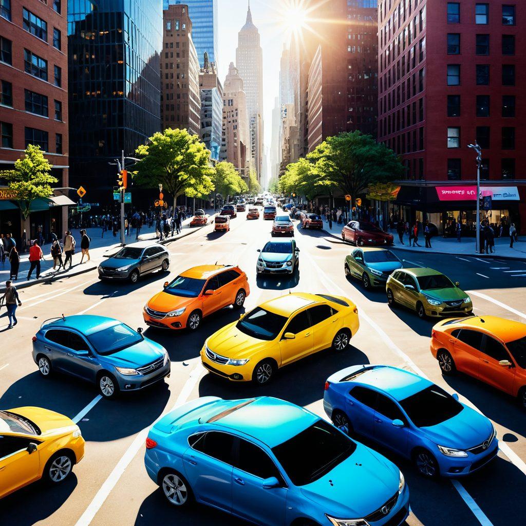 A diverse group of drivers at a bustling city intersection, examining insurance documents on their smartphones, with colorful cars and a backdrop of skyscrapers. Emphasize clarity and collaboration, showcasing individuals from different backgrounds engaging in discussions. The scene reflects a sunny day with a friendly atmosphere. super-realistic. vibrant colors.