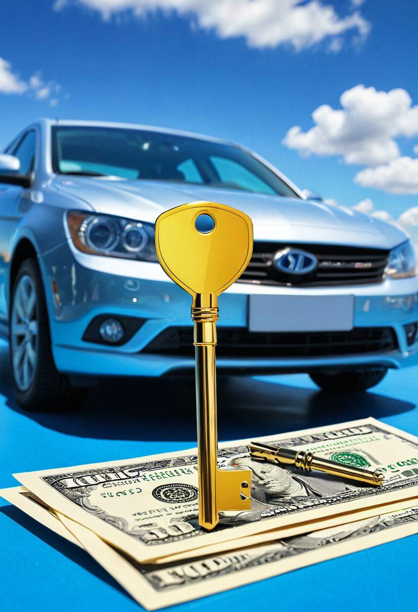 A big golden key unlocking a car shield, symbolizing affordable car insurance. Surrounding the key are vibrant dollar bills and a checklist with tips like 'compare rates' and 'bundle policies'. In the background, a bright blue sky enhances the feeling of freedom and savings. The car has a sleek, modern look with a glowing price tag. super-realistic. vibrant colors. clean layout.