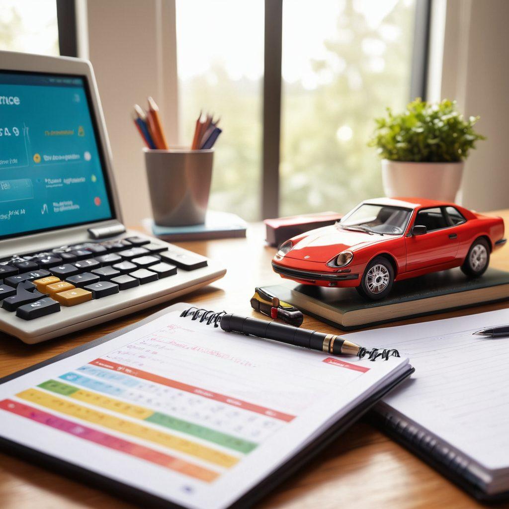 A carefully arranged desk scene featuring a calculator, a notepad with a checklist, and a computer screen displaying car insurance comparisons. In the background, a family happily drives away in a safe and stylish car, symbolizing peace of mind. Bright sunlight illuminates the space, creating a welcoming atmosphere. super-realistic. vibrant colors. soft focus.